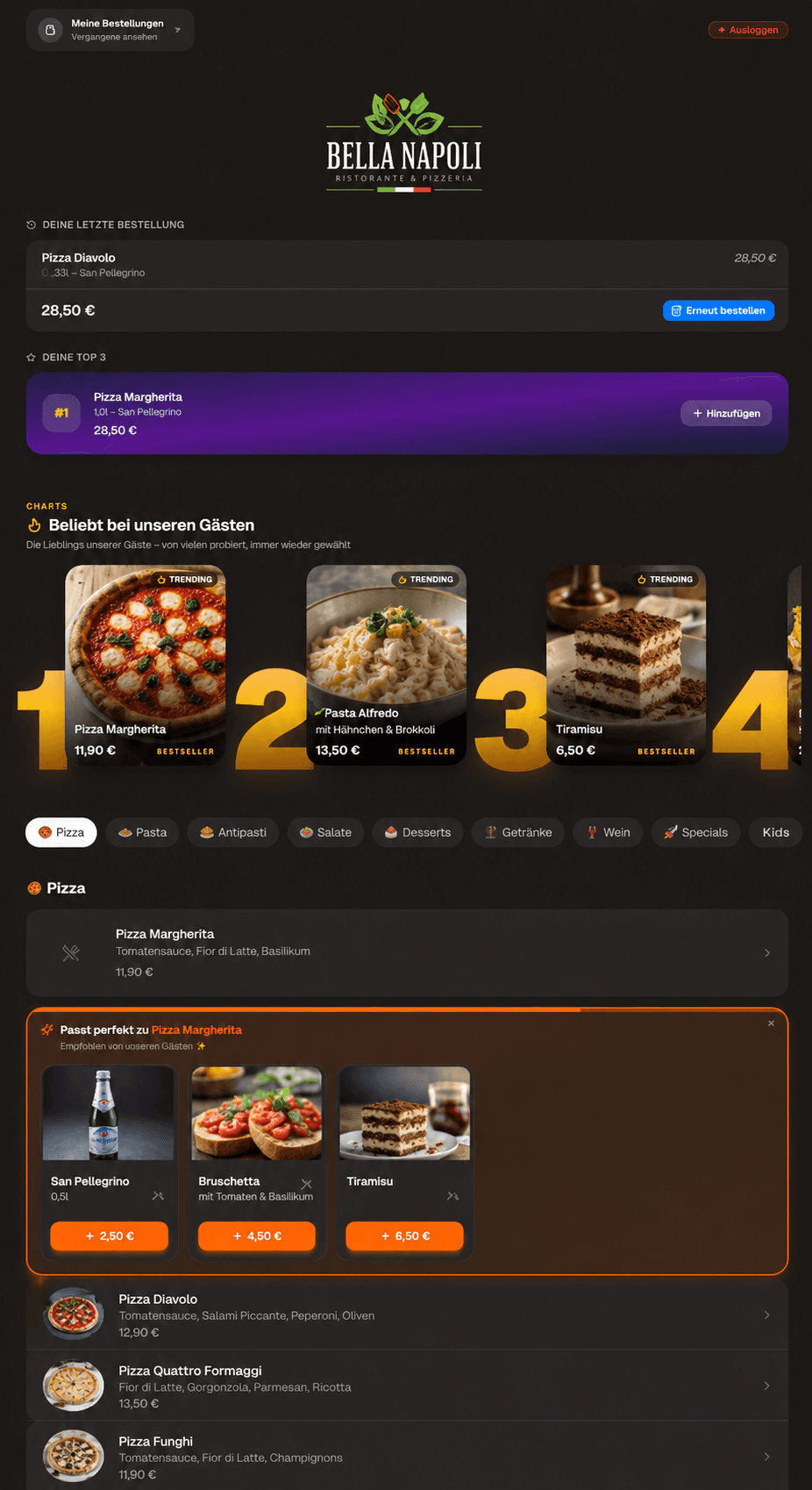 Beispiel-Bestellseite eines Zovra-Restaurants: persönliche Empfehlungen, Bestseller-Charts, Cross-Selling im Bestellvorgang und „Erneut bestellen“ für Stammgäste.